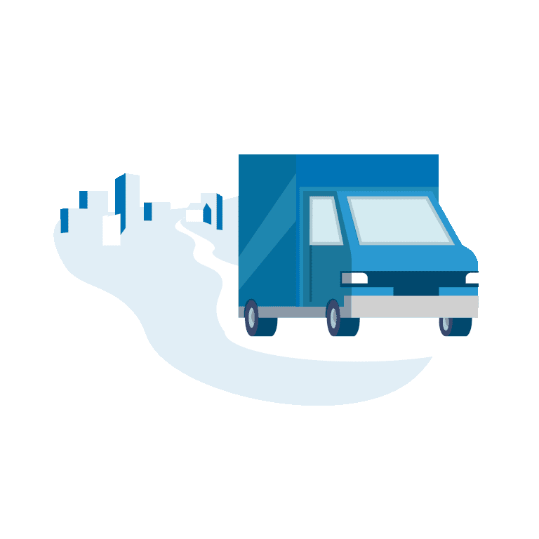 Ein blauer Lieferwagen mit einer Stadt im Hintergrund bei einem Umzug.