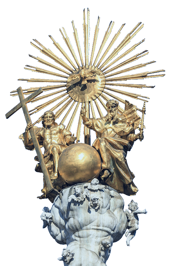 Goldene religiöse Statue mit komplizierten Figuren, die Symbole halten, mit einem Sonnenstrahl und einer Taube über ihren Köpfen. Die Statue ist an der Basis mit kleineren Putti-Figuren geschmückt.