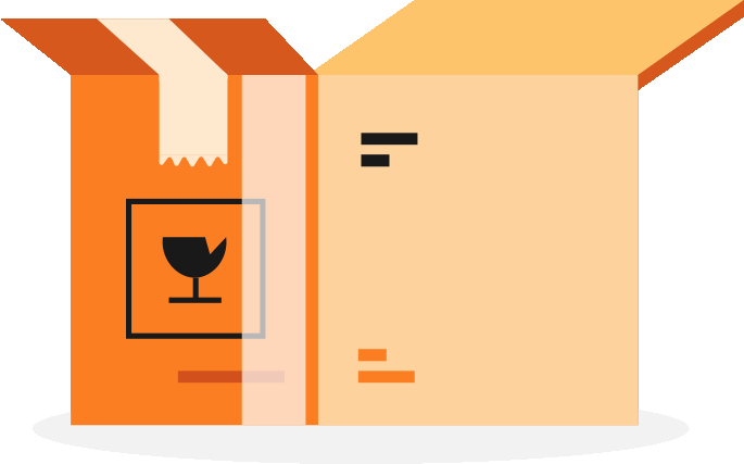 Abbildung eines offenen Kartons mit einem orangefarbenen Abschnitt mit einem „Zerbrechlich“-Symbol. Dies weist darauf hin, dass der Inhalt vorsichtig behandelt werden muss und möglicherweise mit Zusatzleistungen für zusätzlichen Schutz versehen ist.