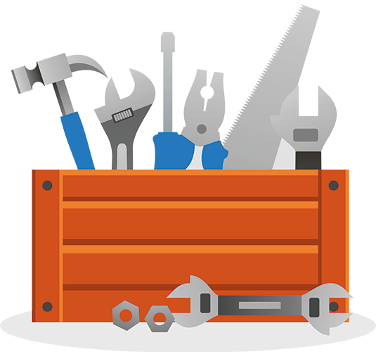 Ein orangefarbener Werkzeugkasten mit verschiedenen Werkzeugen, darunter Hammer, Schraubenschlüssel, Schraubendreher, Zange und Säge. Zusätzliche Schraubenschlüssel und Schrauben befinden sich außerhalb des Werkzeugkastens als praktische Zusatzleistungen für jedes Projekt.