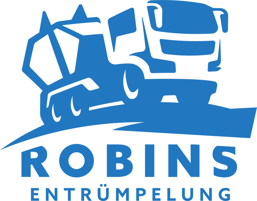 Illustration eines robusten blauen Lastwagens mit dem Text „Robins Entrümpelung“ in Blau auf weißem Hintergrund, der die effiziente, vogelähnliche Präzision eines entschlossenen Rotkehlchens widerspiegelt.